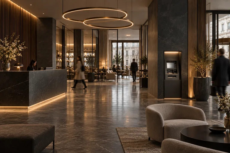 A discreet ATM integrated into a refined hospitality lobby