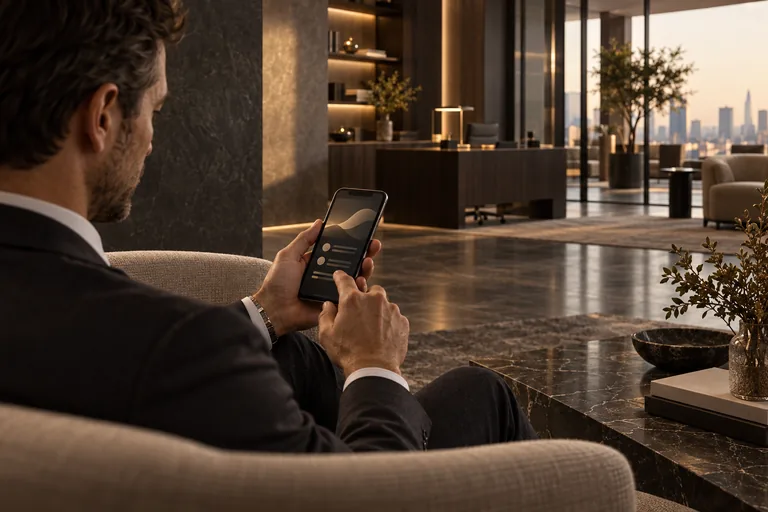 A professional using a digital wallet in a quiet office lounge