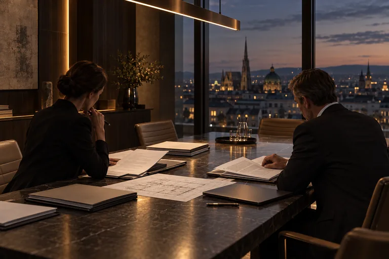 Two professionals reviewing due-diligence documents in a Vienna boardroom