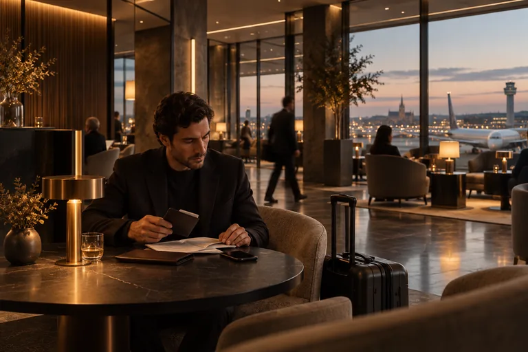 A traveller reviewing documents in an airport lounge before departure