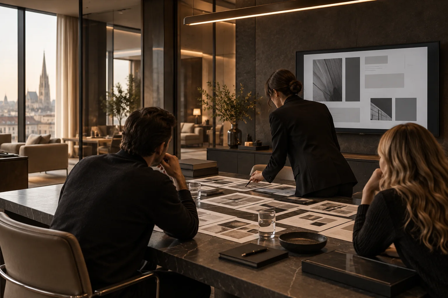 A design team reviewing website structures and visual directions