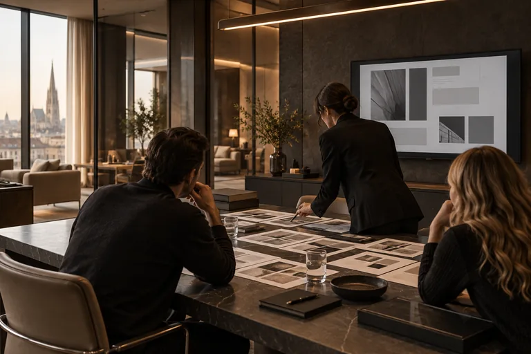 A design team reviewing website structures and visual directions